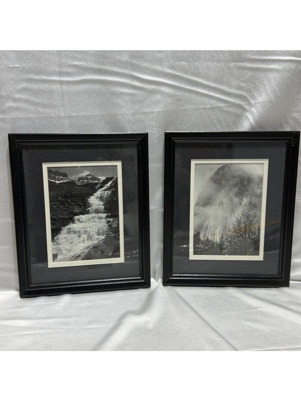 Vintage Framed Black White Landscape Prints Set 2 Waterfall Mountain Art